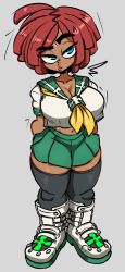 Rule 34 | 1girl, arc system works, blue eyes, boots, breasts, cleavage, dark-skinned female, dark skin, giovanna (guilty gear), guilty gear, guilty gear strive, handkerchief, highres, jellot, large breasts, red hair, shirt, shoes, skirt, thick thighs, thighhighs, thighs