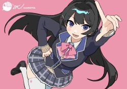 Rule 34 | 1girl, 87saurus, black footwear, black hair, black jacket, blazer, blue eyes, blush stickers, bow, bowtie, highres, jacket, loafers, long hair, nijisanji, pink background, pink bow, pink bowtie, plaid, plaid skirt, school uniform, shoes, simple background, skirt, solo, thighhighs, tsukino mito, tsukino mito (1st costume), virtual youtuber, white thighhighs
