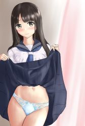 Rule 34 | 1girl, black eyes, black hair, black skirt, blouse, blue neckerchief, blue panties, blurry, blurry background, blush, bow, bow panties, closed mouth, clothes lift, commentary request, contrapposto, cowboy shot, frown, highres, leaning to the side, lifting own clothes, lips, long hair, looking at viewer, miniskirt, navel, neckerchief, original, panties, partial commentary, pleated skirt, school uniform, serafuku, shirt, skirt, skirt lift, solo, standing, thighs, underwear, uniform, white shirt, yurugumo