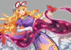 Rule 34 | 1girl, blonde hair, bow, breasts, brooch, choker, dress, elbow gloves, flame print, floating hair, gap (touhou), gloves, grey background, hair between eyes, hair bow, hair over shoulder, highres, jewelry, lace, lace-trimmed gloves, lace-trimmed sleeves, lace trim, large breasts, lips, long hair, looking down, puffy short sleeves, puffy sleeves, purple eyes, ribbon-trimmed clothes, ribbon choker, ribbon trim, short sleeves, sidelocks, simple background, solo, suo niao, tabard, taut clothes, taut dress, touhou, very long hair, white dress, white gloves, yakumo yukari, yin yang