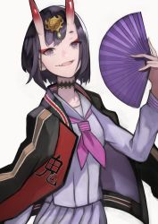 Rule 34 | 1girl, absurdres, black jacket, bob cut, breasts, commentary request, eyeliner, fangs, fate/grand order, fate (series), headpiece, highres, horns, jacket, letterman jacket, long sleeves, looking at viewer, makeup, oni, open clothes, open jacket, open mouth, pleated skirt, purple eyes, purple hair, purple neckwear, purple shirt, purple skirt, sailor collar, school uniform, serafuku, shirt, short eyebrows, short hair, shuten douji (fate), simple background, skin-covered horns, skirt, small breasts, smile, solo, yoshio (55level)
