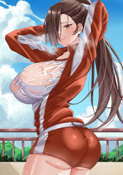 Rule 34 | 1girl, absurdres, arms behind head, ass, breasts, brown hair, fire emblem, fire emblem fates, gym shorts, gym uniform, hair over one eye, highres, huge ass, huge breasts, kagero (fire emblem), looking at viewer, nintendo, open clothes, ponytail, rynn (darknescorez), see-through, shirt, shorts, smile, solo, wet, wet clothes, wet shirt, yellow eyes