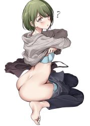 Rule 34 | 1girl, :o, ?, unworn apron, ass, backbone, barefoot, black pants, blush, butt crack, clothes lift, clothes pull, duplicate, green eyes, grey hoodie, highres, holding hoodie, hood, hoodie, hoodie lift, idolmaster, idolmaster shiny colors, lifted by self, looking at viewer, nakamura rohane, nanakusa nichika, panties, pants, pants pull, panty pull, ringed eyes, short hair, sideways glance, simple background, sitting, solo, sweatdrop, underwear, undressing, wariza, white background