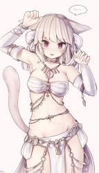Rule 34 | 1girl, animal ears, arm up, armpits, bandeau, belly chain, blush, breasts, cat ears, cat tail, choker, cleavage, dancer (final fantasy), detached sleeves, facial mark, final fantasy, final fantasy xiv, highres, jewelry, long hair, looking at viewer, medium breasts, miqo&#039;te, navel, necklace, open mouth, pelvic curtain, red eyes, rot lapin, solo, spoken blush, tail, warrior of light (ff14), whisker markings, white background, white hair