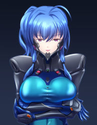 Rule 34 | arms under breasts, azur lane, black background, blue gloves, blue hair, bodysuit, breasts, fortified suit, gloves, highres, large breasts, long hair, muv-luv, muv-luv alternative, open mouth, pilot suit, purple eyes, skin tight, smile, st. louis (azur lane), upper body, wata nuki