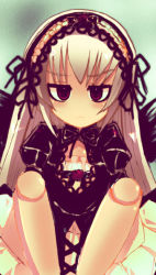 Rule 34 | 00s, 1girl, black dress, blue background, collarbone, doll, doll joints, dress, expressionless, flower, hairband, joints, lolita hairband, long hair, looking at viewer, pink eyes, ribbon, rose, rozen maiden, silver hair, simple background, sitting, solo, suigintou, very long hair