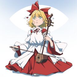 Rule 34 | 1girl, blonde hair, blue eyes, bow, bow (music), crying, crying with eyes open, dress, erhu, flat chest, frilled shirt collar, frills, full body, gradient eyes, hair between eyes, hair bow, highres, holding, holding bow (music), holding instrument, instrument, japanese clothes, kariginu, long bangs, looking up, mefomefo, miko, multicolored eyes, music, neck ribbon, parted lips, playing instrument, red bow, red dress, red ribbon, ribbon, satsuki rin, short hair, solo, tears, touhou, wide sleeves, yellow eyes
