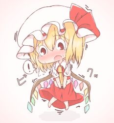Rule 34 | !, 1girl, ascot, barefoot, blush, check commentary, chibi, collared shirt, commentary request, flandre scarlet, full moon, hat, highres, mob cap, moon, multicolored wings, no nose, nose blush, open mouth, puffy short sleeves, puffy sleeves, red eyes, red ribbon, red skirt, red vest, ribbon, ribbon-trimmed headwear, ribbon trim, shirt, short sleeves, shoupon, simple background, skirt, solo, speech bubble, spoken exclamation mark, sweatdrop, touhou, vest, white background, white hat, white shirt, wings, yellow ascot