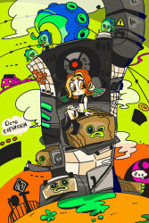 Rule 34 | 2018, absurdres, agent 8 (splatoon), car, green background, hassan83, highres, motor vehicle, nintendo, octoling player character, red hair, sitting, splatoon (series), splatoon 2, splatoon 2: octo expansion, tentacle hair, tower, zzz
