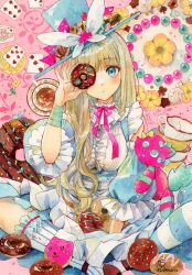 1girl :o absurdres alice_(alice_in_wonderland) alice_in_wonderland apron asymmetrical_legwear bandaged_arm bandages blonde_hair blue_eyes blue_hat blue_skirt blue_sleeves breasts card center_frills commentary cup detached_sleeves doughnut dress english_commentary flower food frilled_apron frilled_shirt frilled_skirt frills hand_up hat head_tilt highres holding holding_food kneehighs long_hair looking_at_viewer medium_breasts mismatched_legwear neck_ribbon open_mouth pink_ribbon playing_card puffy_sleeves ribbon saucer shirt signature single_kneehigh single_sock single_thighhigh skirt socks solo striped_clothes striped_thighhighs teacup thighhighs top_hat waist_apron white_apron white_shirt yellow_flower yuyuharu_1027