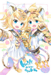 Rule 34 | 1boy, 1girl, 2022, animal ears, animal hands, animal print, bare shoulders, black collar, black shorts, blonde hair, blue eyes, cherry blossoms, chinese zodiac, claw pose, collar, collared dress, collared shirt, commentary, dress, egasumi, fangs, flower, foreshortening, from above, gloves, hair ornament, hairclip, hands up, happy new year, highres, kagamine len, kagamine rin, kei (keigarou), looking at viewer, neckerchief, necktie, new year, open mouth, paw gloves, selfie, shadow, shirt, short hair, shorts, smile, spiked hair, standing, swept bangs, tail, tiger ears, tiger paws, tiger print, tiger tail, vocaloid, white dress, white shirt, year of the tiger, yellow neckerchief, yellow necktie