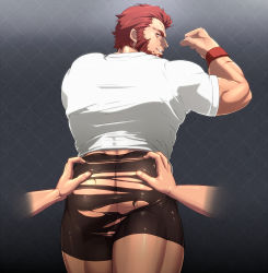 Rule 34 | 2boys, ass, back, bad id, bad pixiv id, bara, beard, biceps, black shorts, facial hair, fate/grand order, fate/zero, fate (series), flexing, groping, hand on another&#039;s ass, iskandar (fate), looking back, male focus, mature male, multiple boys, muscular, muscular male, protected link, red eyes, red hair, seductive smile, shiny clothes, shirt, short hair, shorts, shunta (syunta 87), smile, solo focus, taut clothes, taut shorts, teeth, thick thighs, thighs, torn clothes, torn shorts, white shirt, wristband