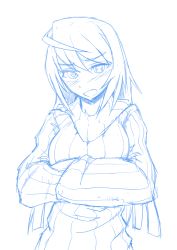 Rule 34 | 10s, 1girl, blue theme, blush, breasts, crossed arms, infinite stratos, laura bodewig, long hair, maydrawfag, monochrome, no eyepatch, revision, ribbed sweater, solo, sweater