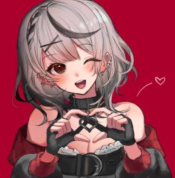 Rule 34 | 1girl, ;d, bad id, bad twitter id, bare shoulders, belt, black belt, black collar, black gloves, black hair, collar, commentary request, ear piercing, fingerless gloves, frq4 h, gloves, hair ornament, heart, heart hands, highres, hololive, holox, long sleeves, looking at viewer, medium hair, multicolored hair, one eye closed, open mouth, piercing, puffy long sleeves, puffy sleeves, red background, red eyes, sakamata chloe, sakamata chloe (1st costume), silver hair, simple background, smile, solo, streaked hair, upper body, virtual youtuber, x hair ornament