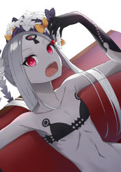 Rule 34 | 1girl, abigail williams (fate), abigail williams (swimsuit foreigner) (fate), abigail williams (swimsuit foreigner) (first ascension) (fate), absurdres, bare shoulders, bikini, black bikini, black bow, bow, breasts, cherry, collarbone, colored skin, double bun, eating, fate/grand order, fate (series), food, forehead, fruit, hair bun, highres, keyhole, long hair, lying, multiple bows, navel, on back, open mouth, orange bow, parted bangs, pillow (blackpirou), red eyes, sharp teeth, sidelocks, small breasts, swimsuit, teeth, third eye, very long hair, white hair, white skin