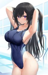 Rule 34 | 1girl, armpits, arms behind head, arms up, black hair, blue one-piece swimsuit, breasts, covered navel, cowboy shot, highleg, highleg swimsuit, large breasts, long hair, looking at viewer, miko (royal milk), mole, mole on breast, mole under eye, one-piece swimsuit, original, parted lips, purple eyes, sideboob, solo, standing, swimsuit, thighs, wet, wet clothes, wet swimsuit