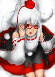 Rule 34 | 1girl, absurdres, animal ears, bespectacled, detached sleeves, glasses, hat, highres, inubashiri momiji, looking at viewer, red eyes, skirt, solo, tail, tokin hat, touhou, white hair, wolf ears, wolf tail, zzzzzzzzzzzzzzp