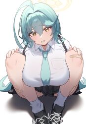 Rule 34 | 1girl, ahoge, ass, bandaid, black footwear, black skirt, blue archive, blush, breasts, collared shirt, green hair, green necktie, hair between eyes, halo, highres, large breasts, long hair, long sleeves, looking at viewer, necktie, open mouth, pleated skirt, shirt, shoes, simple background, skirt, socks, solo, white background, white shirt, white socks, yellow eyes, yellow halo, yume (blue archive), yzr (yzr99)