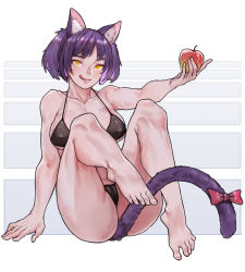 Rule 34 | 1girl, animal ears, bad anatomy, bad leg, barefoot, bikini, black bikini, breasts, cat ears, cat tail, character request, collarbone, copyright request, covered erect nipples, feet, food, fruit, full body, highres, holding, holding food, holding fruit, knees up, large breasts, licking lips, looking at viewer, purple hair, short hair, simple background, sitting, smile, solo, swimsuit, tail, tongue, tongue out, white background, xue qi ye (dndtmbdue), yellow eyes