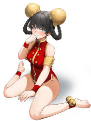 Rule 34 | 1girl, absurdres, arm between legs, armband, bare shoulders, barefoot, bell, black hair, blue eyes, blush, chinese clothes, collarbone, covering own mouth, double bun, grey background, hair bun, hand over own mouth, highres, long hair, original, p-gnesium, simple background, sitting, solo, thighs, wariza
