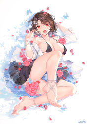 Rule 34 | 1girl, :o, anklet, arm up, armpit crease, artist name, atdan, bare shoulders, barefoot, bikini, black bikini, black skirt, bracelet, breasts, brown hair, bug, butterfly, cleavage, collarbone, convenient censoring, covered erect nipples, feet, flower, hair ornament, halterneck, hand up, highres, bug, jewelry, large breasts, leg up, looking at viewer, lying, miniskirt, off shoulder, on back, open clothes, open mouth, open shirt, original, petals, red eyes, red flower, revision, rose, shirt, short hair, skirt, solo, strap gap, swimsuit, thighs, toes, water, white shirt