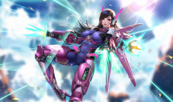 Rule 34 | adapted costume, arm cannon, armor, bodysuit, breasts, brown eyes, brown hair, d.va (overwatch), facepaint, framed breasts, highres, impossible bodysuit, impossible clothes, jetpack, large breasts, liang xing, long hair, mecha musume, overwatch, overwatch 1, paid reward available, power armor, skin tight, swept bangs, tagme, thighhighs, weapon
