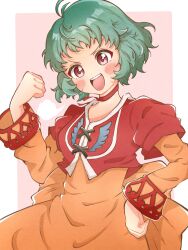 Rule 34 | 1girl, back bow, blush, bow, brown eyes, choker, dress, farah oersted, green hair, highres, mymyabyss, open mouth, orange dress, red choker, short hair, simple background, smile, solo, tales of (series), tales of eternia, very short hair