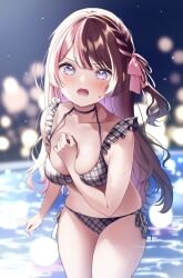 Rule 34 | 1girl, angry, arm between breasts, between breasts, bikini, black choker, blue eyes, blush, bow, braid, breasts, brown hair, choker, collarbone, commentary request, diamond-shaped pupils, diamond (shape), french braid, frilled bikini, frills, grey bikini, hair bow, hand on own chest, highres, leaning forward, long hair, looking at viewer, medium breasts, multicolored hair, night, open mouth, pink bow, pink hair, pome charo, side-tie bikini bottom, skindentation, solo, split-color hair, strap gap, sweatdrop, swept bangs, swimsuit, symbol-shaped pupils, tachibana hinano (vtuber), thighs, two-tone hair, very long hair, virtual youtuber, vspo!, water