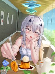 Rule 34 | 1girl, bare shoulders, blue flower, blue rose, blush, cafe, cup, fate/grand order, fate (series), flower, food, forked eyebrows, hair intakes, head rest, highres, holding, holding spoon, incoming food, indoors, looking at viewer, melusine (fate), open mouth, pov dating, pudding, rose, sidelocks, solo, spoon, table, tea, teapot, teeth, tutuuraura88, upper teeth only, white hair, wooden floor, wooden table, yellow eyes