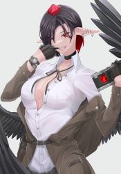 Rule 34 | 1girl, alternate costume, alternate hairstyle, amekudaki, bad id, bad pixiv id, belt, bird wings, black gloves, black hair, black wings, breasts, brown coat, buttons, camera, choker, coat, collared shirt, dress shirt, ear piercing, earrings, eyelashes, eyes visible through hair, facial mark, feathered wings, finger in own mouth, gloves, grey background, grin, half gloves, hands up, hat, highres, holding, holding camera, jewelry, large breasts, lips, long sleeves, looking at viewer, multicolored hair, neck ribbon, no bra, partially unbuttoned, piercing, pocket, pointy ears, red eyes, red hair, ribbon, shameimaru aya, shirt, short hair, simple background, smile, solo, tokin hat, touhou, two-tone hair, watch, white shirt, wing collar, wings, wristwatch