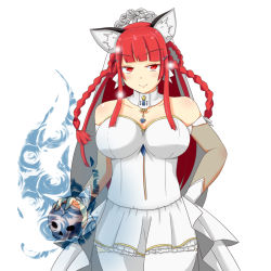 Rule 34 | 1girl, alternate costume, animal ears, bare shoulders, braid, breasts, cat ears, cowboy shot, dress, gloves, highres, himenomikan, kaenbyou rin, large breasts, light smile, looking at viewer, red eyes, red hair, skull, solo, touhou, twin braids