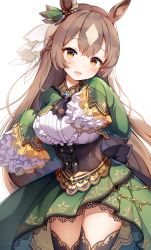 Rule 34 | 1girl, :d, absurdres, animal ears, black bow, black thighhighs, blush, bow, breasts, brown eyes, brown hair, commentary request, frilled shirt, frills, green jacket, green skirt, half updo, hands up, highres, horse ears, jacket, jehyun, large breasts, long hair, long sleeves, looking at viewer, open mouth, satono diamond (umamusume), shirt, simple background, skirt, sleeves past fingers, sleeves past wrists, smile, solo, thighhighs, umamusume, underbust, very long hair, white background, white shirt