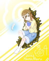 Rule 34 | 1girl, artist name, artist request, bare legs, blouse, blue pants, blush, book, breasts, brown eyes, brown hair, bug, butterfly, feathers, female focus, floating, floating object, full body, hair between eyes, highres, holding, holding book, insect, kunikida hanamaru, light brown hair, long hair, long sleeves, looking at viewer, love live!, love live! sunshine!!, pants, parted lips, shirt, small breasts, smile, socks, solo, white feathers, white socks, yellow butterfly, yellow eyes, yellow shirt