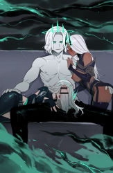 Rule 34 | 1boy, 2girls, alternate costume, ass grab, bar censor, blush, breasts, bridal gauntlets, censored, closed eyes, closed mouth, corruption, covered face, dark-skinned female, dark skin, erection, fellatio, fingerless gloves, gloves, green eyes, hetero, highres, karma (league of legends), large breasts, large penis, league of legends, licking, licking penis, long hair, mind control, miss fortune (league of legends), multiple girls, nipples, oral, penis, penis on face, penis over eyes, ratatatat74, ruination, runny makeup, short hair, sitting, spread legs, toned, toned male, veins, veiny penis, viego (league of legends), white hair