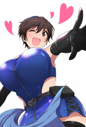Rule 34 | 1girl, bare shoulders, belt, black gloves, black thighhighs, blue dress, blue hairband, blush, breasts, brown eyes, brown hair, clothing cutout, dot nose, dress, elbow gloves, from below, gloves, grey belt, hairband, heart, idolmaster, idolmaster cinderella girls, idolmaster cinderella girls starlight stage, james (jms-pnt), large breasts, looking at viewer, looking down, miniskirt, oikawa shizuku, one eye closed, open hand, open mouth, reaching, reaching towards viewer, short hair, side cutout, simple background, skirt, sleeveless, sleeveless dress, smile, solo, thighhighs, upper body, utility belt, white background