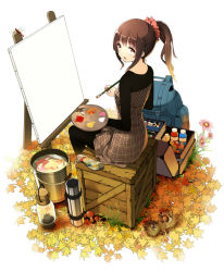 Rule 34 | 1girl, art brush, backpack, bad id, bad pixiv id, bag, brown eyes, brown hair, bucket, canvas (object), crate, easel, lantern, leaf, looking back, mogumo, mushroom, open mouth, original, paintbrush, painting (action), palette (object), ponytail, short hair, solo