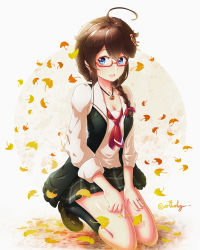 Rule 34 | 1girl, :d, ahoge, arthur ko, autumn leaves, bespectacled, black legwear, black skirt, black vest, blue eyes, braid, breasts, brown footwear, brown hair, cleavage, full body, ginkgo leaf, glasses, hair flaps, hair ornament, hair over shoulder, highres, holding, holding leaf, jewelry, kantai collection, leaf, loafers, necklace, official alternate costume, open mouth, plaid, plaid skirt, red-framed eyewear, ring, seiza, shigure (kancolle), shigure kai ni (kancolle), shirt, shoes, sitting, skirt, smile, solo, twitter username, vest, wedding band, white shirt