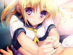 Rule 34 | 1girl, akiyama fuuka, blonde hair, blush, boku to keiyakushite osananajimi seitokaichou ni saimin wo kakeyou!, game cg, kumatora tatsumi, long hair, purple eyes, smile