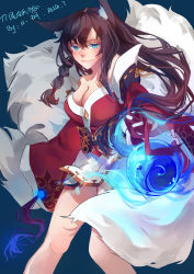 Rule 34 | 1girl, absurdres, ahri (league of legends), animal ears, bare shoulders, black hair, blue background, blue eyes, breasts, cleavage, collarbone, detached sleeves, energy ball, facial mark, fox ears, fox tail, highres, korean clothes, large breasts, league of legends, lips, long hair, multiple tails, simple background, solo, tail, whisker markings, yue jiang