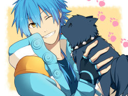 Rule 34 | &gt;;), 1boy, animal hands, blue hair, clenched teeth, dog, dog paws, dramatical murder, eyebrows, hair between eyes, hiiroichi, holding, jacket, licking, long hair, long sleeves, looking at another, male focus, ren (dramatical murder), seragaki aoba, simple background, smile, teeth, tongue, upper body, v-shaped eyebrows, yellow background, yellow eyes