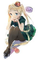 Rule 34 | 10s, 1girl, absurdres, anmi, bent over, black pantyhose, blonde hair, blue eyes, blush, chuunibyou demo koi ga shitai!, crossed legs, crown, dekomori sanae, english text, head rest, high heels, highres, long hair, looking at viewer, mini crown, pantyhose, simple background, sitting, solo, tongue, tongue out, twintails, very long hair, white background