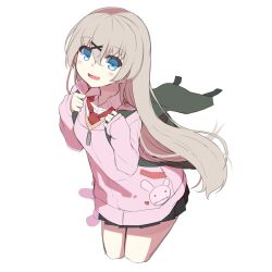 Rule 34 | 1girl, :d, absurdres, backpack, bag, black skirt, blue eyes, blush, collared shirt, cropped legs, grey hair, hair between eyes, hair ornament, hairclip, hands up, highres, jacket, long hair, long sleeves, looking at viewer, necktie, open mouth, original, pink jacket, pleated skirt, red necktie, redrawn, shirasu youichi, shirt, simple background, skirt, sleeves past wrists, smile, solo, sweater vest, teeth, upper teeth only, very long hair, white background, white shirt, x hair ornament