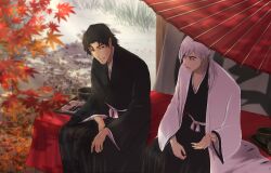 Rule 34 | 2021, 2boys, aged down, autumn, black hair, black kimono, bleach, blurry, brown eyes, commentary request, dappled sunlight, dated commentary, day, depth of field, feet out of frame, ginjou kuugo, green eyes, hand up, haori, japanese clothes, kimono, leaf, long hair, looking at another, low ponytail, male focus, maple leaf, mature male, multiple boys, navinavinavia, oil-paper umbrella, outdoors, parted lips, short hair, side-by-side, sitting, smile, sunlight, ukitake juushirou, umbrella, white hair, white kimono