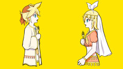 Rule 34 | blonde hair, bracelet, brother and sister, commentary request, cosmospice (vocaloid), fork, hair ornament, highres, holding, holding fork, jacket, jewelry, kagamine len, kagamine rin, midriff, neckerchief, necktie, official art, open clothes, open jacket, open mouth, original, pinocchio-p, siblings, simple background, traditional clothes, turban, twins, veil, vocaloid, yellow background, yellow neckerchief, yellow necktie, yellow theme