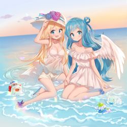Rule 34 | 2girls, :d, animal, arm up, bare arms, bare shoulders, barefoot, blonde hair, blue eyes, blue flower, blue footwear, blue hair, blush, breasts, chobi (penguin paradise), cleavage, closed mouth, commentary request, dress, feathered wings, flower, hair between eyes, hair rings, hat, hat flower, highres, holding hands, horizon, long hair, looking at viewer, multiple girls, ocean, off-shoulder dress, off shoulder, one side up, open mouth, original, outdoors, pleated dress, purple flower, sandals, shallow water, short shorts, shorts, smile, sunset, teeth, upper teeth only, very long hair, water, white dress, white headwear, white shorts, white wings, wings