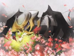 Rule 34 | animal focus, black sclera, colored sclera, creatures (company), day, dragon, field, flower, flower field, from above, from behind, full body, game freak, gen 4 pokemon, giratina, giratina (altered), grass, grey sky, legendary pokemon, looking at another, lying, mythical pokemon, nintendo, nirin, no humans, on side, outdoors, petals, pink flower, pokemon, pokemon (creature), red eyes, shaymin, shaymin (sky), size difference, sky, spikes, standing