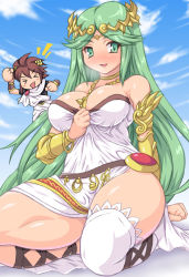 Rule 34 | &gt; &lt;, 1boy, 1girl, age difference, between breasts, bracer, breasts, brown hair, child, cleavage, closed eyes, cloud, day, green eyes, green hair, jewelry, kid icarus, kid icarus uprising, kihaiu, large breasts, lots of jewelry, nintendo, onee-shota, palutena, pit (kid icarus), single thighhigh, sky, thighhighs