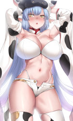 Rule 34 | 1girl, animal ears, animal print, armpits, arms behind head, arms up, bare shoulders, bikini, blue hair, blush, breasts, catura (granblue fantasy), cleavage, cow ears, cow girl, cow hat, cow horns, cow print, deras, detached sleeves, draph, ear piercing, granblue fantasy, hat, highleg, highleg bikini, highres, horns, large breasts, long hair, looking at viewer, micro shorts, navel, open mouth, piercing, pointy ears, short shorts, shorts, swimsuit, thighhighs, thighs, white bikini, white shorts, wide sleeves, yellow eyes