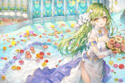 Rule 34 | 1girl, :d, bare shoulders, blush, bouquet, bow, braid, breasts, cleavage, collar, detached collar, detached sleeves, dress, earrings, flower, flower on liquid, french braid, green hair, hair bow, holding, holding bouquet, jewelry, large breasts, long hair, looking at viewer, momoko (momopoco), open mouth, original, pink flower, red flower, ribbon, ribbon-trimmed sleeves, ribbon trim, rose, side slit, smile, solo, standing, standing on liquid, translation request, very long hair, water, white bow, white collar, white dress, white ribbon, white sleeves, yellow eyes, yellow flower, yukari (momoko)