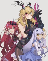 Rule 34 | 3girls, baobhan sith (fate), baobhan sith (first ascension) (fate), barghest (fate), barghest (second ascension) (fate), black gloves, blonde hair, blush, brown eyes, dress, earrings, fang, fate/grand order, fate (series), gloves, green eyes, grey eyes, heterochromia, highres, jewelry, long hair, melusine (fate), melusine (second ascension) (fate), multiple girls, pink hair, pointy ears, red eyes, silver hair, yosimurarisa